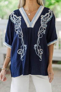Good Things Happen Navy Embroidered Blouse