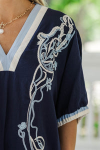 Good Things Happen Navy Embroidered Blouse