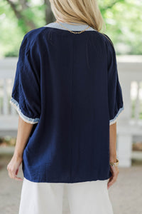 Good Things Happen Navy Embroidered Blouse