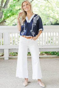 Good Things Happen Navy Embroidered Blouse