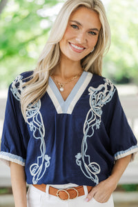 Good Things Happen Navy Embroidered Blouse
