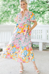So Happy You Did Orange Mixed Print Midi Dress