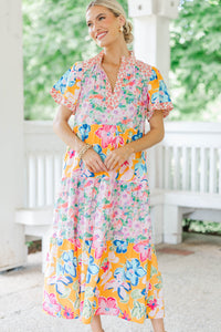 So Happy You Did Orange Mixed Print Midi Dress