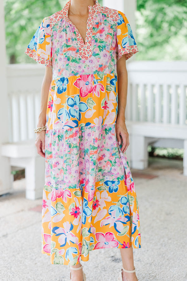 So Happy You Did Orange Mixed Print Midi Dress