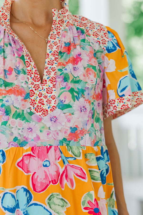 So Happy You Did Orange Mixed Print Midi Dress