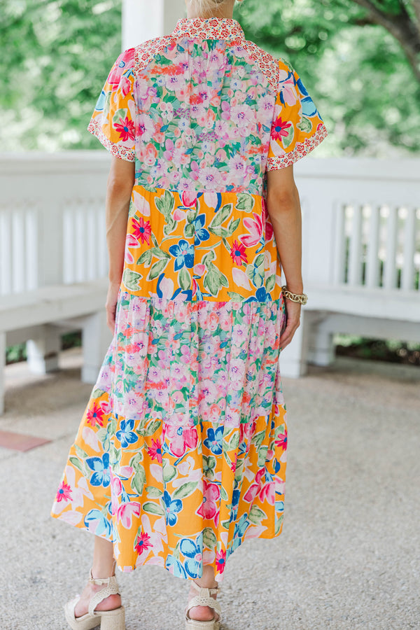 So Happy You Did Orange Mixed Print Midi Dress