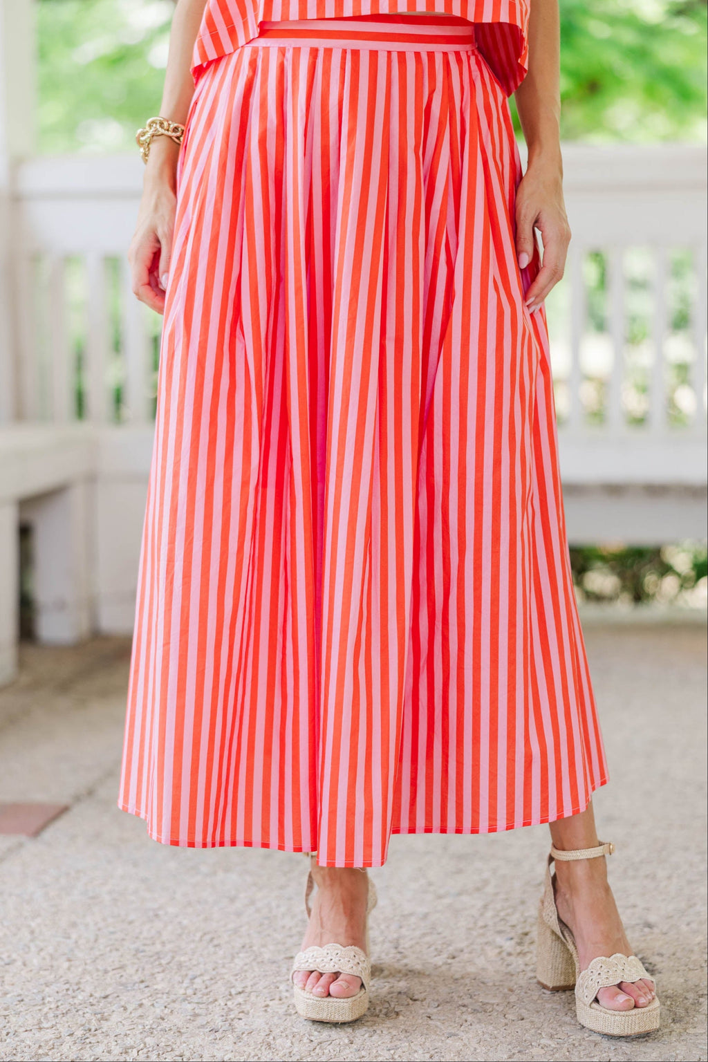スカート COTTON PLEATED MIDI SKIRT STRIPE_PINK Sweet As A Daydream Pink Striped Midi Skirt – Shop the Mint