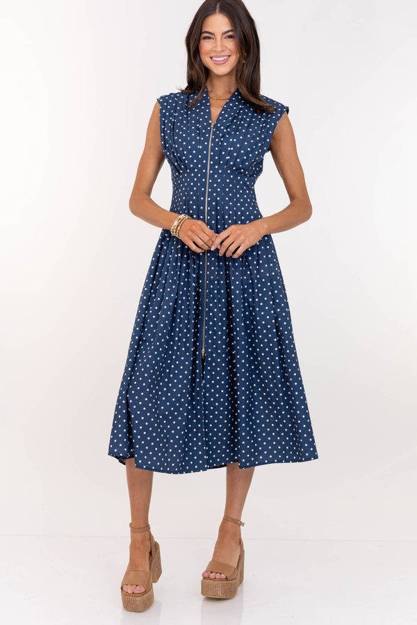 What A Classic Navy Polka Dot Midi Dress