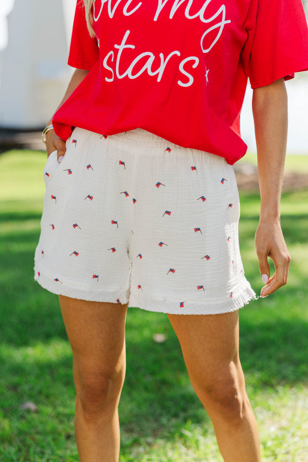 Ready For A Change Cream Flag Print Gauze Shorts
