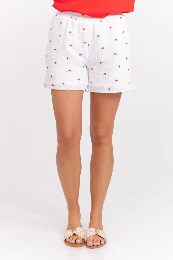 Ready For A Change Cream Flag Print Gauze Shorts