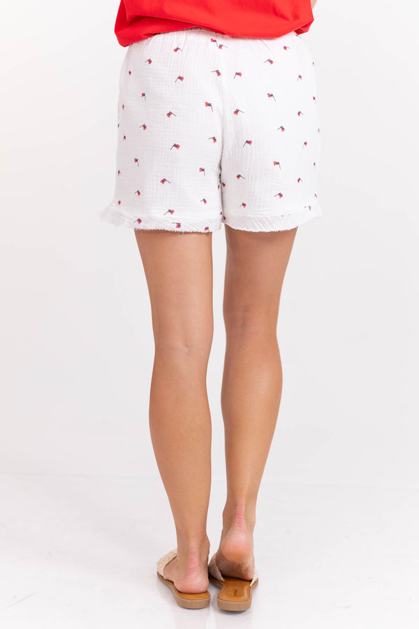 Ready For A Change Cream Flag Print Gauze Shorts