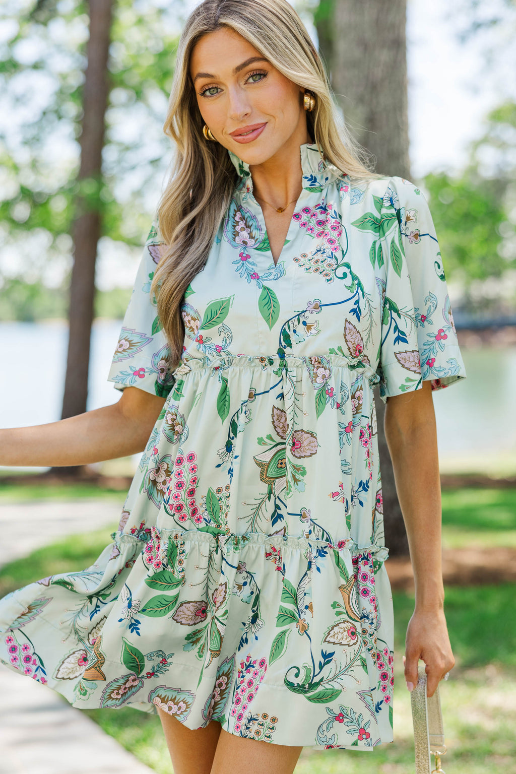 casual sage green dress Midi Sage Green Casual Party Dress with Ruffle Skirt Sage / Small main image 0