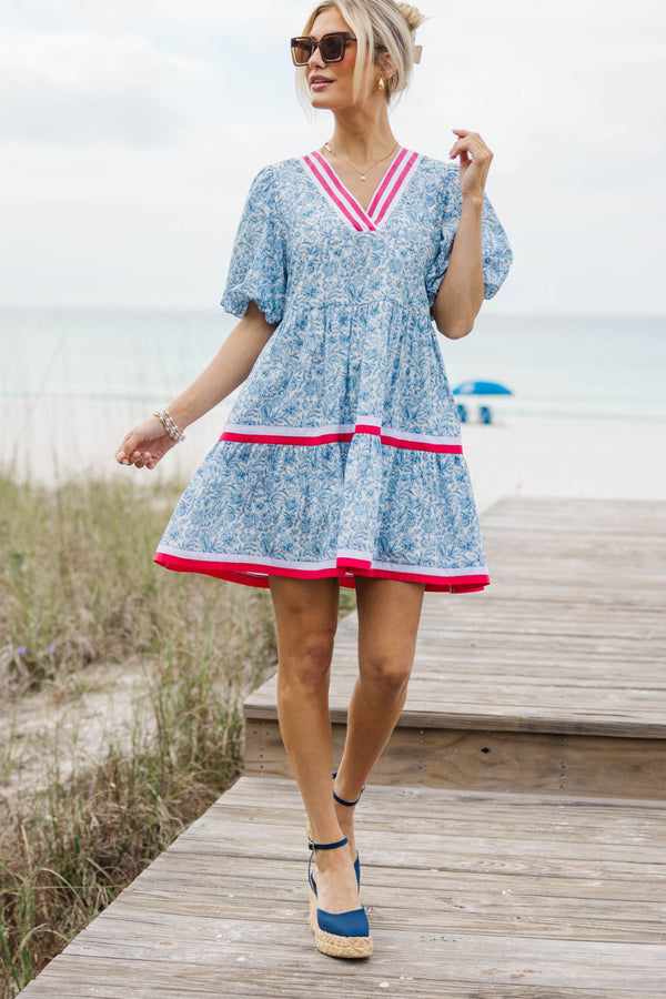 For A While Light Blue Toile Dress