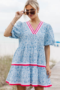 For A While Light Blue Toile Dress