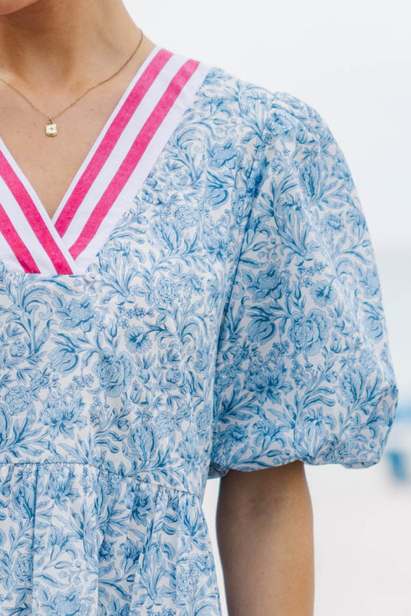For A While Light Blue Toile Dress