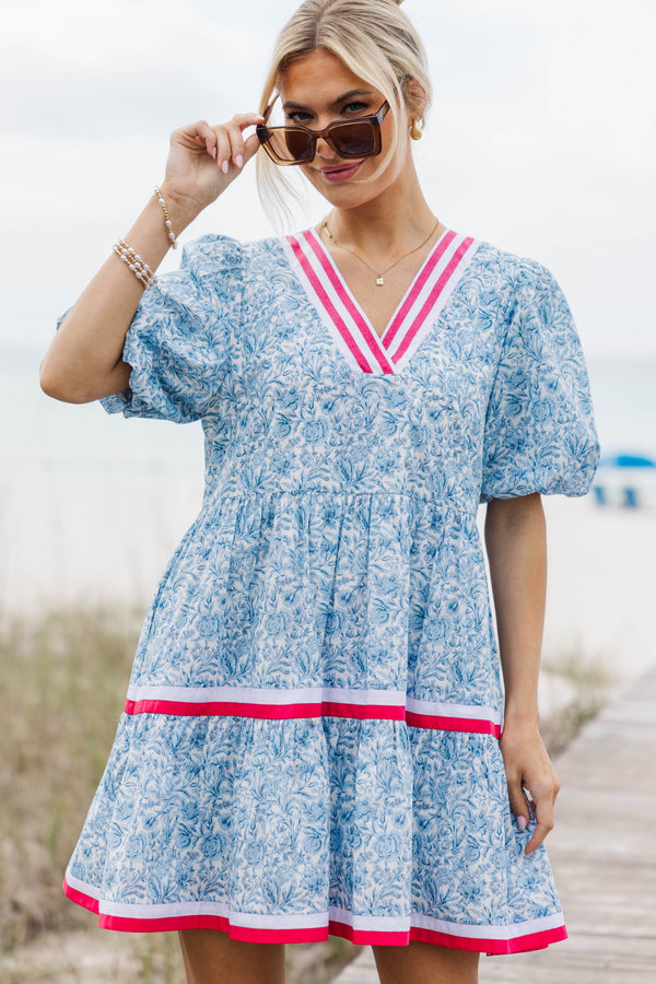 For A While Light Blue Toile Dress