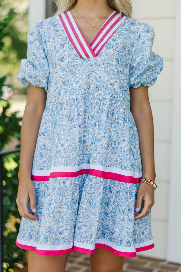 For A While Light Blue Toile Dress