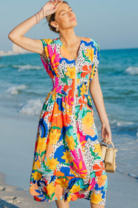 For You, Always Orange Floral Ruched Midi Dress
