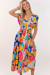 For You, Always Orange Floral Ruched Midi Dress
