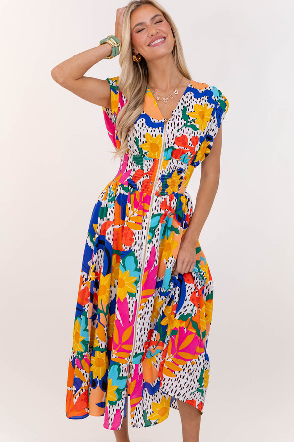For You, Always Orange Floral Ruched Midi Dress
