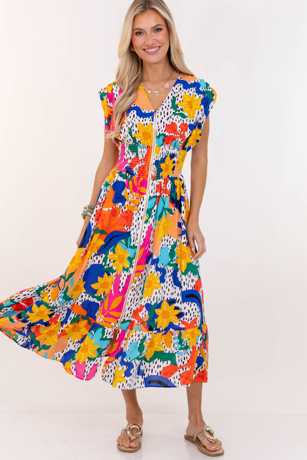 For You, Always Orange Floral Ruched Midi Dress