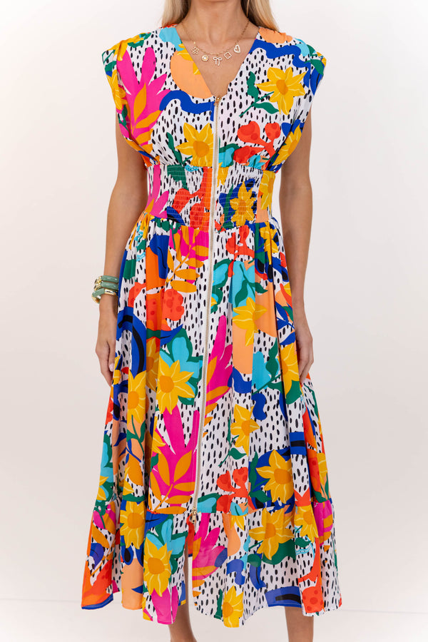 For You, Always Orange Floral Ruched Midi Dress