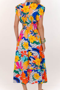 For You, Always Orange Floral Ruched Midi Dress
