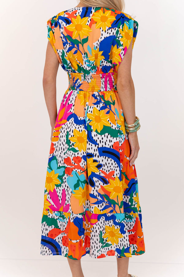 For You, Always Orange Floral Ruched Midi Dress