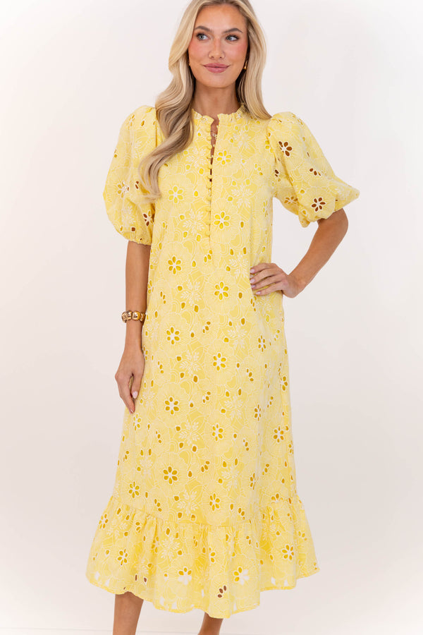 See The Light Yellow Eyelet Midi Dress – Shop the Mint