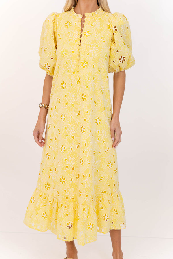 See The Light Yellow Eyelet Midi Dress