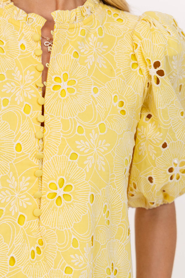 See The Light Yellow Eyelet Midi Dress – Shop the Mint