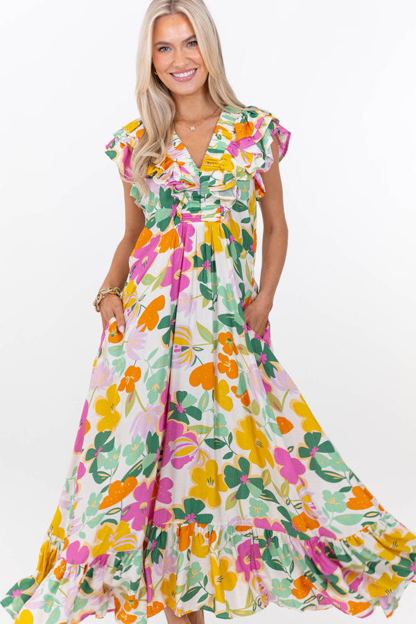 The Creative Pink Large Floral Midi Dress