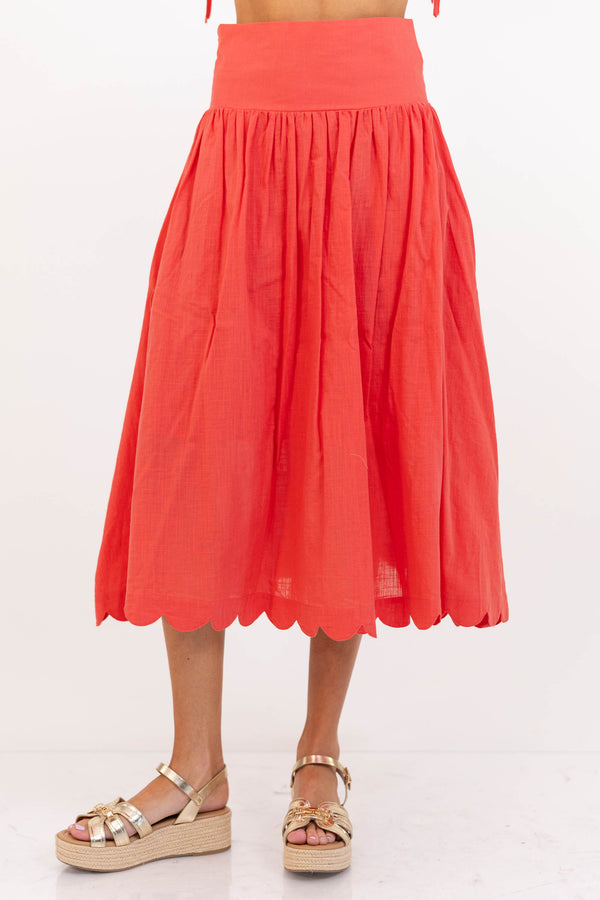 For The Day Ahead Coral Scalloped Midi Skirt