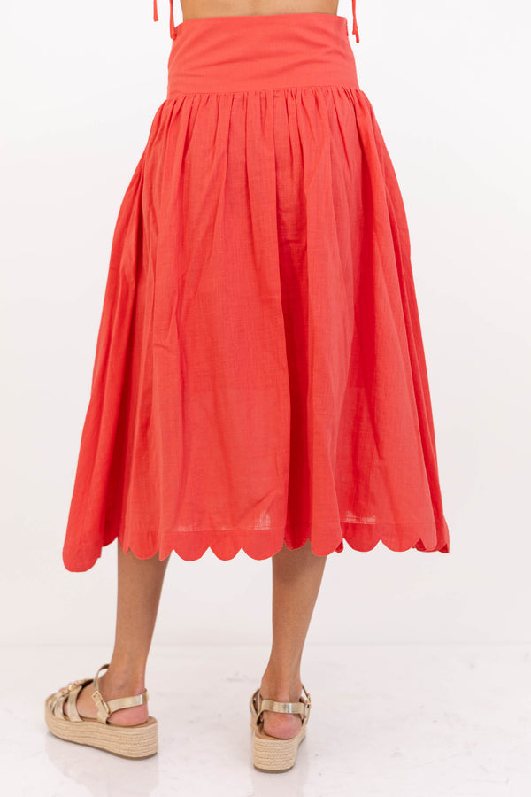 For The Day Ahead Coral Scalloped Midi Skirt