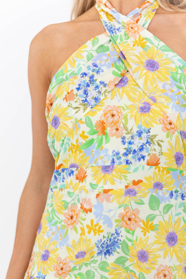 Exactly What You Needed Yellow Floral Halter Midi Dress