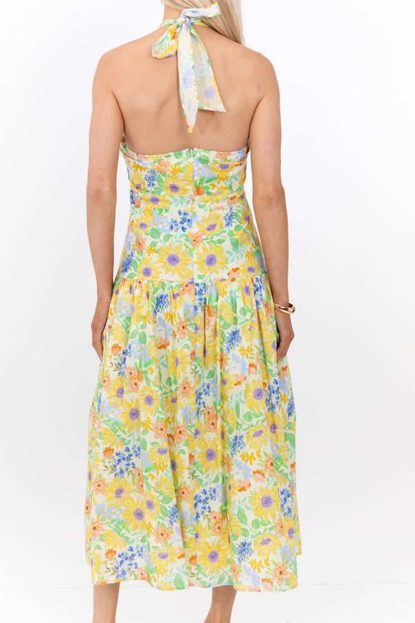 Exactly What You Needed Yellow Floral Halter Midi Dress