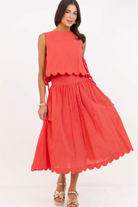 For The Day Ahead Coral Scalloped Midi Skirt