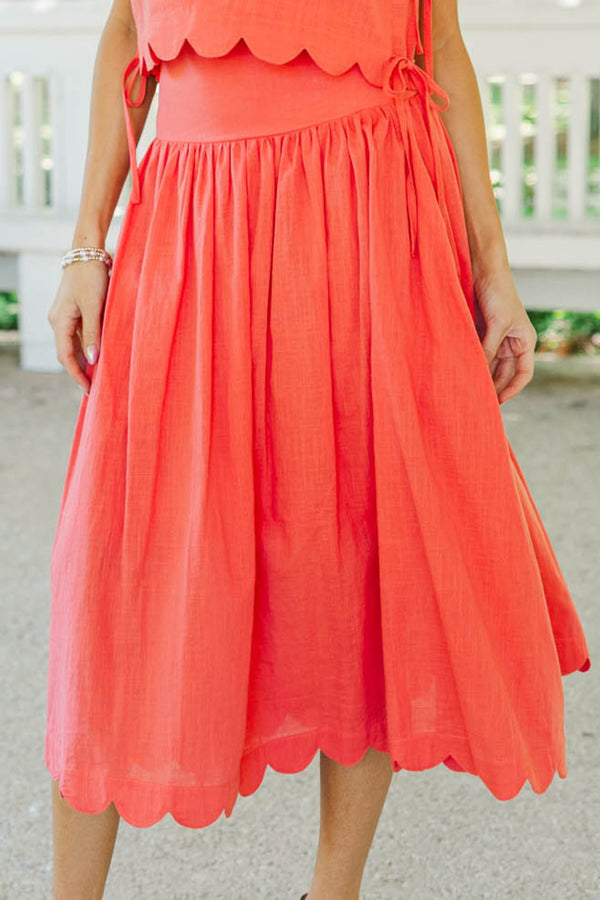 For The Day Ahead Coral Scalloped Midi Skirt