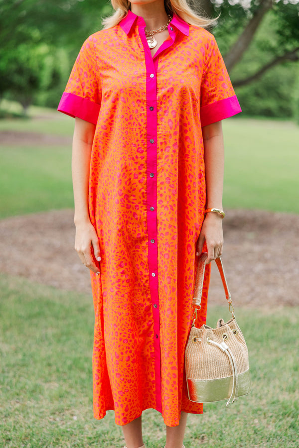 red leopard midi dress Just A Good Start Orange Leopard Midi Dress, Small - The Mint Julep Boutique