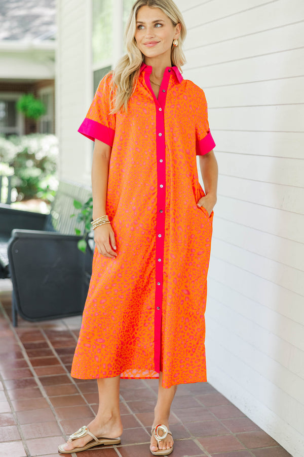 Just A Good Start Orange Leopard Midi Dress