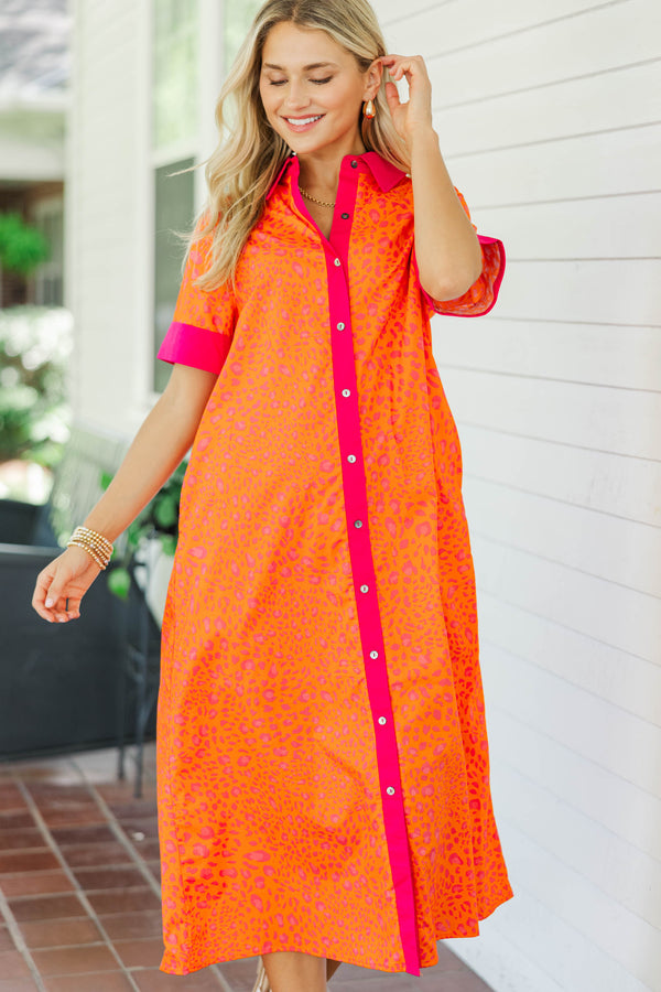 Just A Good Start Orange Leopard Midi Dress