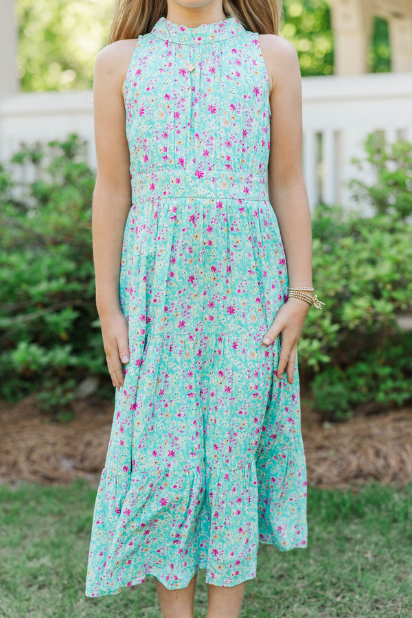 Girls: Fresh Focus Teal Ditsy Floral Midi Dress