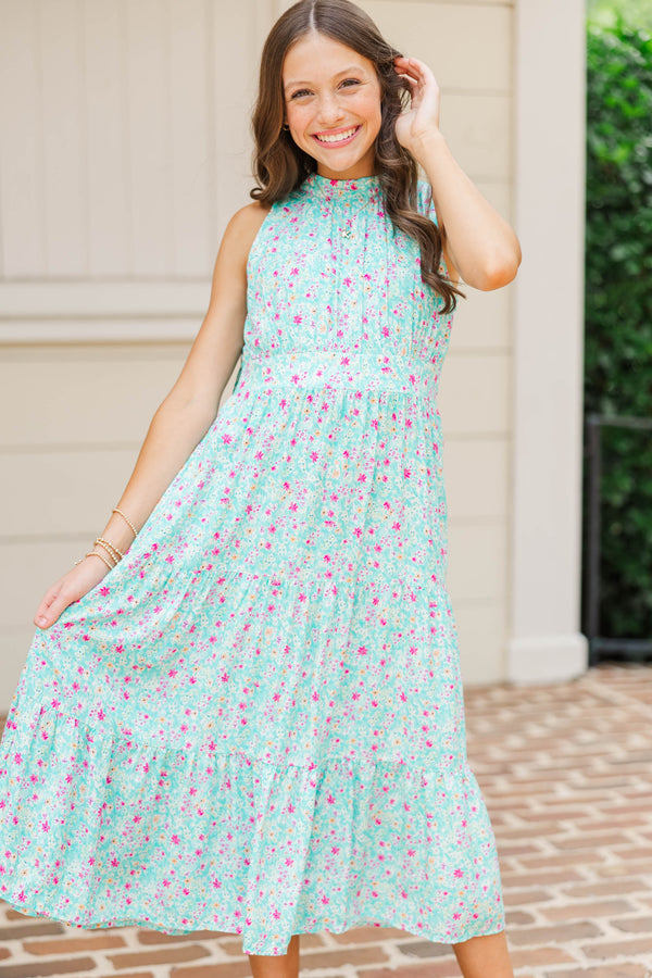 Girls: Fresh Focus Teal Ditsy Floral Midi Dress