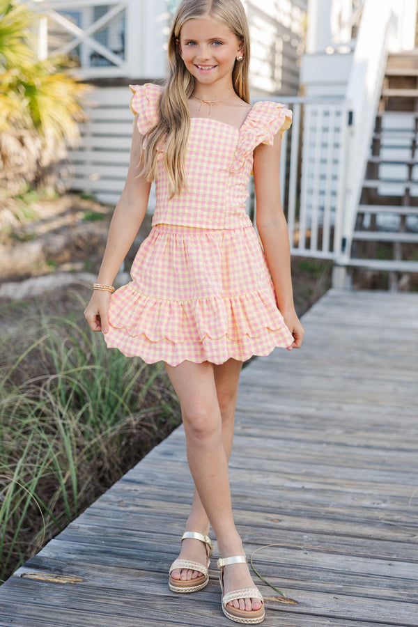 Girls: A Sweet Hello Pink Gingham Ruffle Top