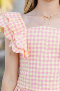 Girls: A Sweet Hello Pink Gingham Ruffle Top