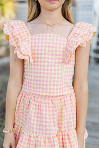 Girls: A Sweet Hello Pink Gingham Ruffle Top
