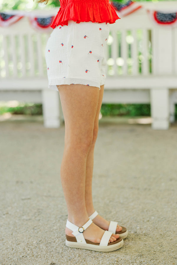Girls: Ready For A Change Cream Flag Print Gauze Shorts