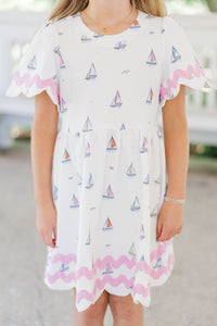 Girls: A True Favorite White Sailboat Scalloped Dress