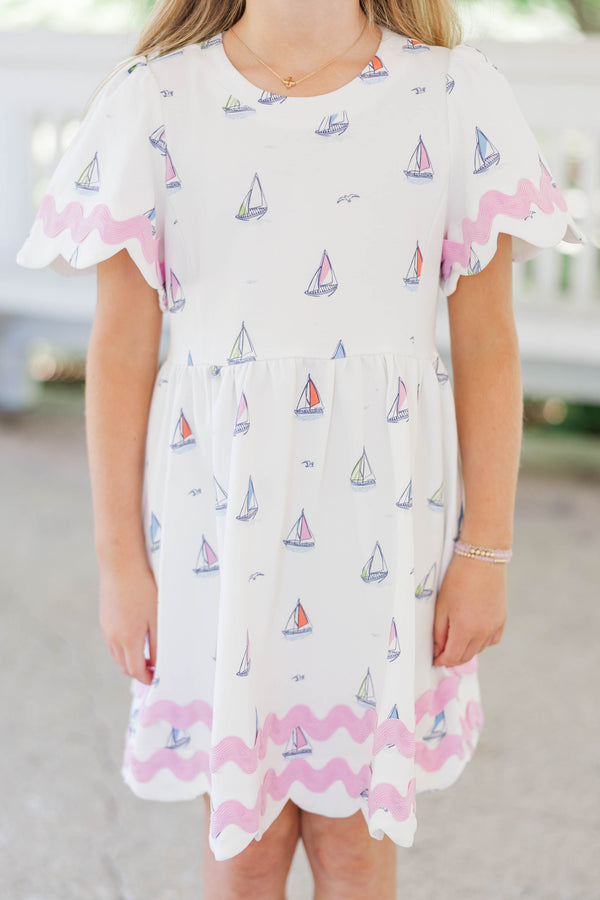 Girls: A True Favorite White Sailboat Scalloped Dress