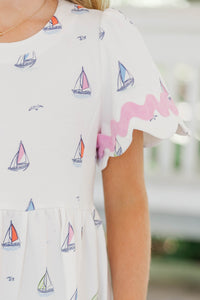 Girls: A True Favorite White Sailboat Scalloped Dress